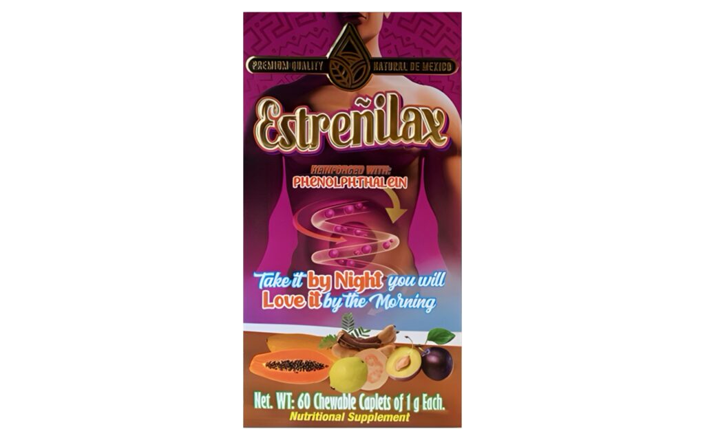 Caja del suplemento Estreñilax, parte de la medicina mexicana, con ingredientes frutales tradicionales y 60 tabletas masticables de salud natural.