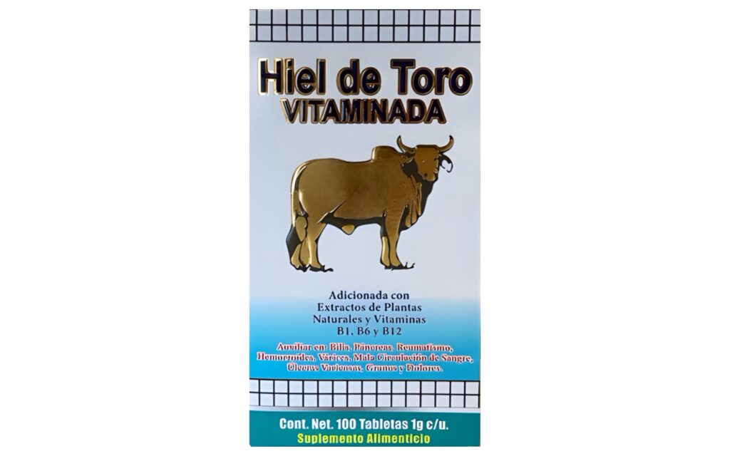 Caja de Hiel de Toro Vitaminada, suplemento alimenticio con extractos naturales y vitaminas, parte de la medicina mexicana tradicional.