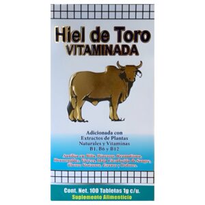 Caja de Hiel de Toro Vitaminada, suplemento alimenticio con extractos naturales y vitaminas, parte de la medicina mexicana tradicional.