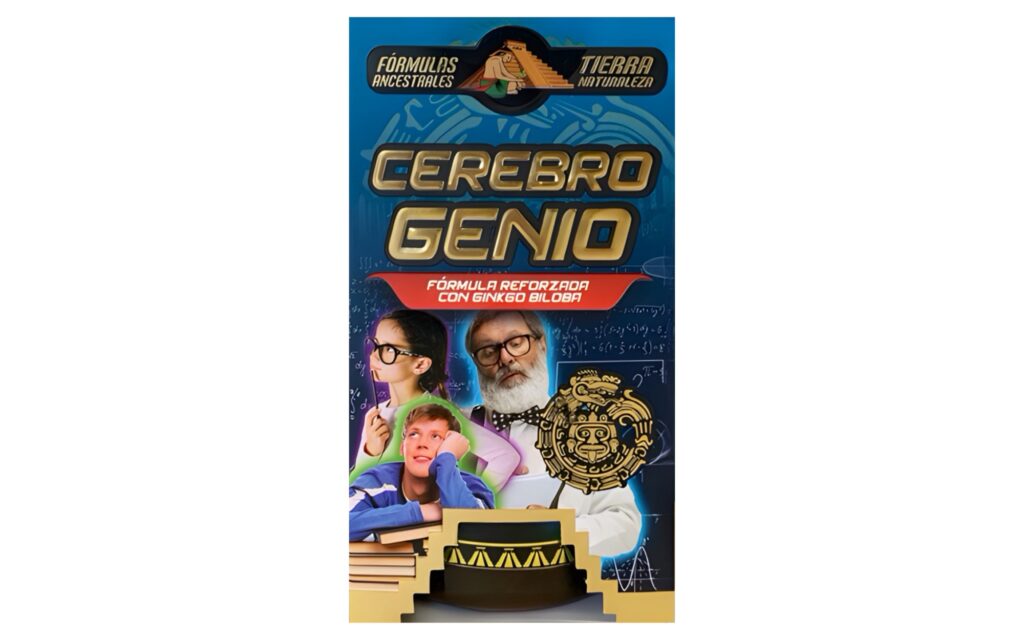 Caja del suplemento Cerebro Genio, fórmula de medicina mexicana con ginkgo biloba, inspirado en conocimientos ancestrales para apoyar el bienestar mental.
