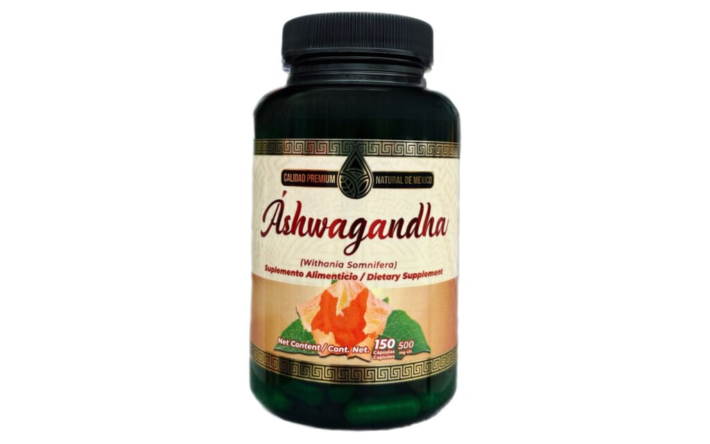 Frasco de Ashwagandha en cápsulas, suplemento alimenticio natural de México con 150 cápsulas de 500 mg.