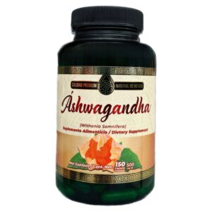 Frasco de Ashwagandha en cápsulas, suplemento alimenticio natural de México con 150 cápsulas de 500 mg.